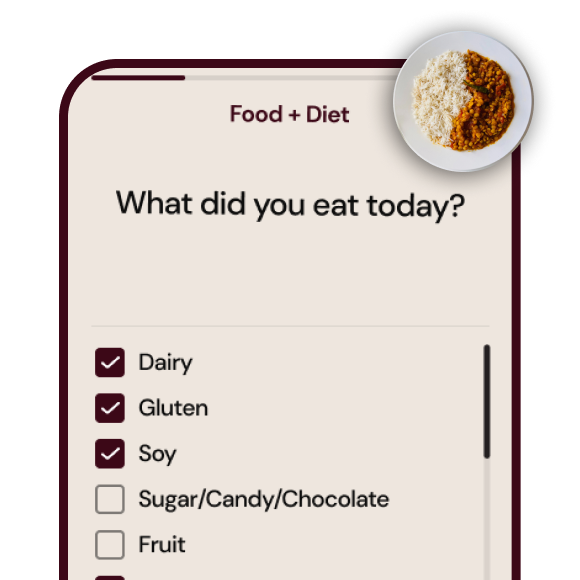 Preview of in-app recording of potential triggers and allergens such as foods: dairy, gluten, soy.